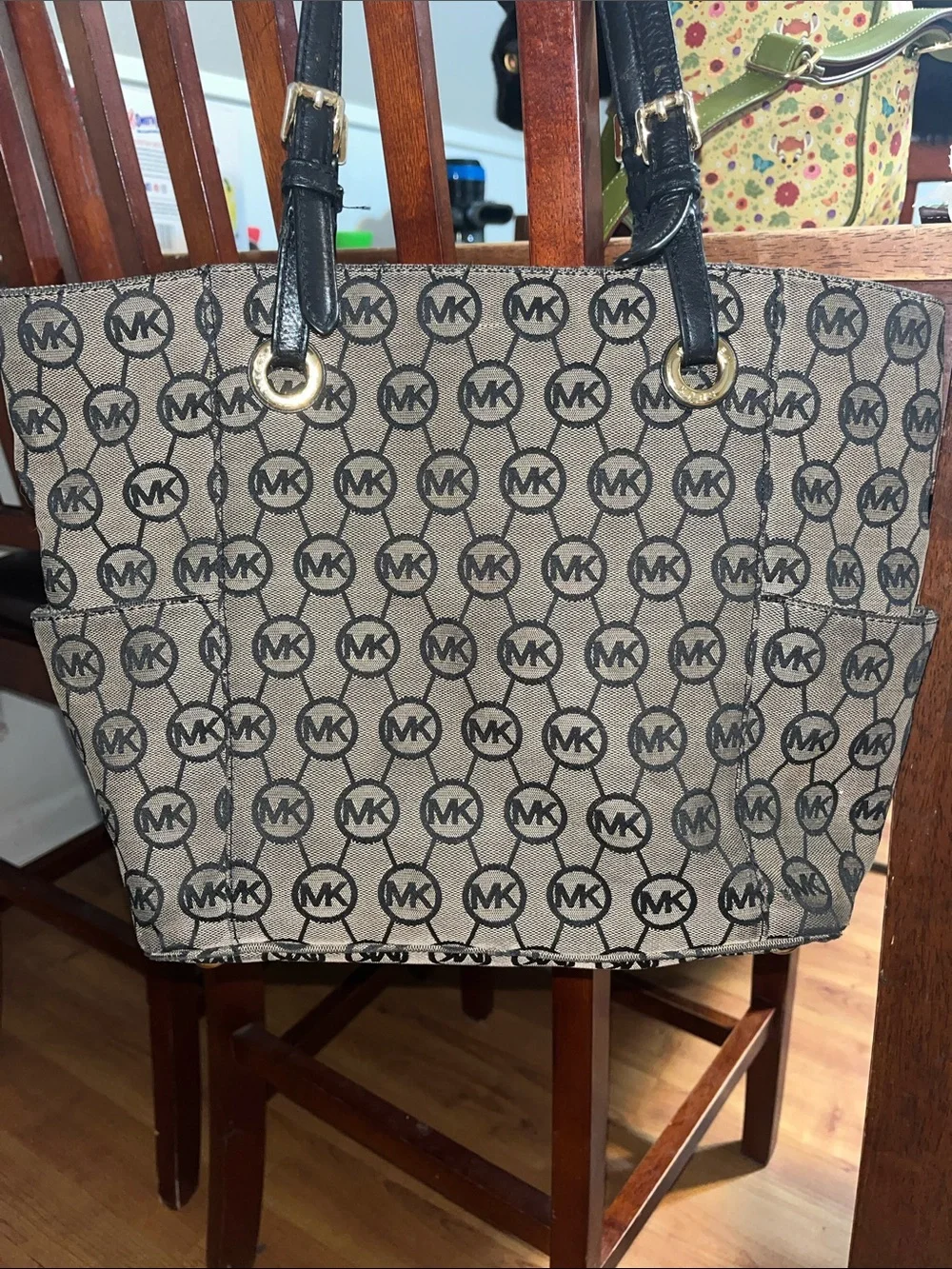 Michael Kors Black and Tan MK Logo Tote with Gold Charm